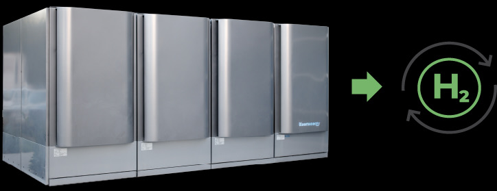 Industrielle Brennstoffzellenmodule neben einem Wasserstoff-Symbol